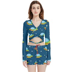 Seamless-pattern-ufo-with-star-space-galaxy-background Velvet Wrap Crop Top And Shorts Set by Salman4z