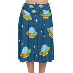 Seamless-pattern-ufo-with-star-space-galaxy-background Velvet Flared Midi Skirt by Salman4z
