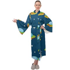 Seamless-pattern-ufo-with-star-space-galaxy-background Maxi Velvet Kimono by Salman4z