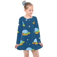 Seamless-pattern-ufo-with-star-space-galaxy-background Kids  Long Sleeve Dress by Salman4z