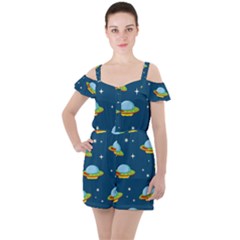 Seamless-pattern-ufo-with-star-space-galaxy-background Ruffle Cut Out Chiffon Playsuit by Salman4z