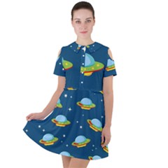 Seamless-pattern-ufo-with-star-space-galaxy-background Short Sleeve Shoulder Cut Out Dress  by Salman4z
