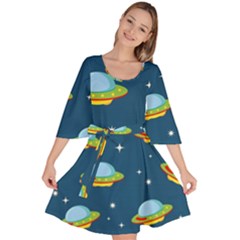 Seamless-pattern-ufo-with-star-space-galaxy-background Velour Kimono Dress by Salman4z