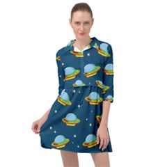 Seamless-pattern-ufo-with-star-space-galaxy-background Mini Skater Shirt Dress by Salman4z
