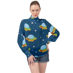 Seamless-pattern-ufo-with-star-space-galaxy-background High Neck Long Sleeve Chiffon Top by Salman4z