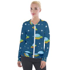 Seamless-pattern-ufo-with-star-space-galaxy-background Velvet Zip Up Jacket by Salman4z