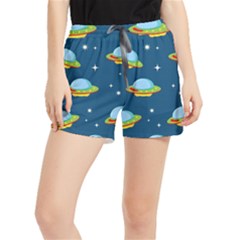 Seamless-pattern-ufo-with-star-space-galaxy-background Women s Runner Shorts by Salman4z