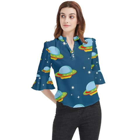 Seamless-pattern-ufo-with-star-space-galaxy-background Loose Horn Sleeve Chiffon Blouse by Salman4z