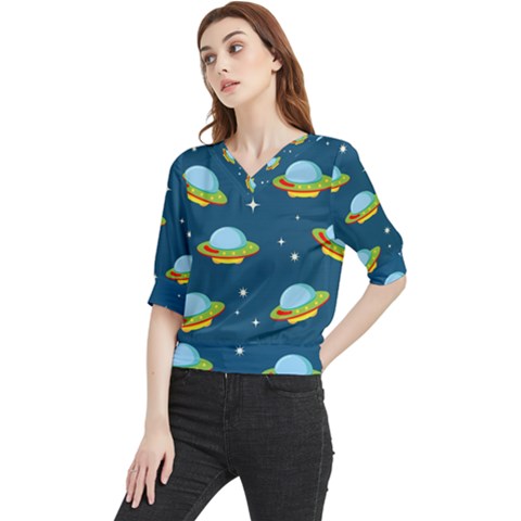 Seamless-pattern-ufo-with-star-space-galaxy-background Quarter Sleeve Blouse by Salman4z