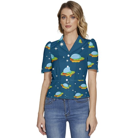 Seamless-pattern-ufo-with-star-space-galaxy-background Puffed Short Sleeve Button Up Jacket by Salman4z