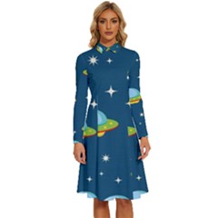 Seamless-pattern-ufo-with-star-space-galaxy-background Long Sleeve Shirt Collar A-line Dress by Salman4z