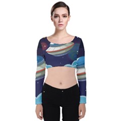 Ufo-alien-spaceship-galaxy Velvet Long Sleeve Crop Top by Salman4z