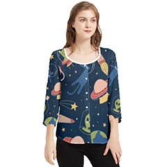 Seamless-pattern-with-funny-aliens-cat-galaxy Chiffon Quarter Sleeve Blouse by Salman4z