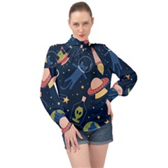 Seamless-pattern-with-funny-aliens-cat-galaxy High Neck Long Sleeve Chiffon Top by Salman4z