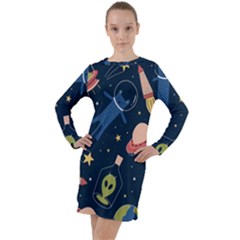 Seamless-pattern-with-funny-aliens-cat-galaxy Long Sleeve Hoodie Dress by Salman4z