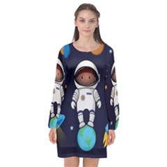 Boy-spaceman-space-rocket-ufo-planets-stars Long Sleeve Chiffon Shift Dress  by Salman4z
