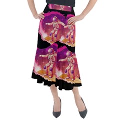 Astronaut-spacesuit-standing-surfboard-surfing-milky-way-stars Midi Mermaid Skirt by Salman4z