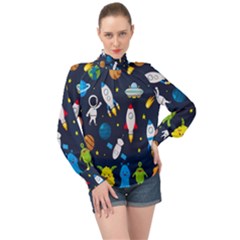 Big-set-cute-astronauts-space-planets-stars-aliens-rockets-ufo-constellations-satellite-moon-rover-v High Neck Long Sleeve Chiffon Top by Salman4z