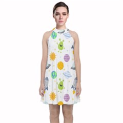 Seamless-pattern-cartoon-space-planets-isolated-white-background Velvet Halter Neckline Dress  by Salman4z