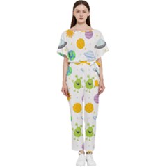 Seamless-pattern-cartoon-space-planets-isolated-white-background Batwing Lightweight Chiffon Jumpsuit by Salman4z