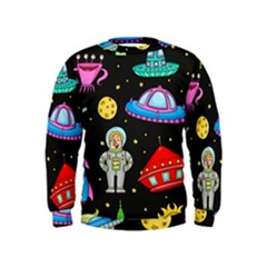 Seamless-pattern-with-space-objects-ufo-rockets-aliens-hand-drawn-elements-space Kids  Sweatshirt by Salman4z