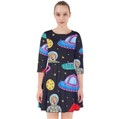 Seamless-pattern-with-space-objects-ufo-rockets-aliens-hand-drawn-elements-space Smock Dress by Salman4z