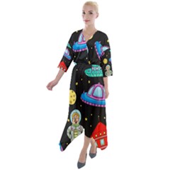 Seamless-pattern-with-space-objects-ufo-rockets-aliens-hand-drawn-elements-space Quarter Sleeve Wrap Front Maxi Dress by Salman4z
