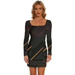 Gradient-geometric-shapes-dark-background Long Sleeve Square Neck Bodycon Velvet Dress by Salman4z