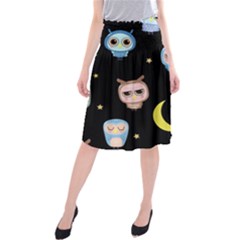 Cute-owl-doodles-with-moon-star-seamless-pattern Midi Beach Skirt by Salman4z