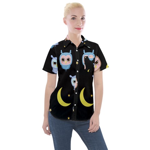 Cute-owl-doodles-with-moon-star-seamless-pattern Women s Short Sleeve Pocket Shirt by Salman4z