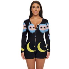 Cute-owl-doodles-with-moon-star-seamless-pattern Long Sleeve Boyleg Swimsuit by Salman4z