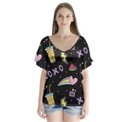 Cute-girl-things-seamless-background V-neck Flutter Sleeve Top by Salman4z