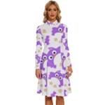 Purple-owl-pattern-background Long Sleeve Shirt Collar A-Line Dress