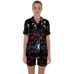 Floral-folk-fashion-ornamental-embroidery-pattern Satin Short Sleeve Pajamas Set