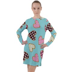 Seamless Pattern With Heart Shaped Cookies With Sugar Icing Long Sleeve Hoodie Dress by pakminggu