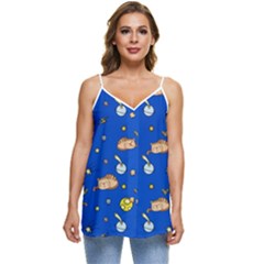 Cat Animals Sleep Stars Seamless Background Casual Spaghetti Strap Chiffon Top by pakminggu