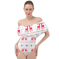 Red Green And Blue Christmas Themed Illustration Off Shoulder Velour Bodysuit  by pakminggu