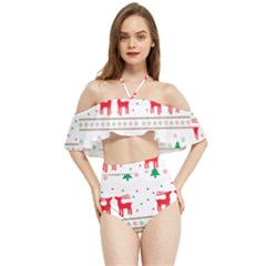 Red Green And Blue Christmas Themed Illustration Halter Flowy Bikini Set  by pakminggu