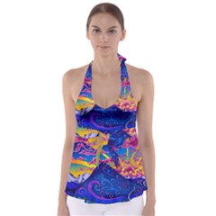 Psychedelic Colorful Lines Nature Mountain Trees Snowy Peak Moon Sun Rays Hill Road Artwork Stars Babydoll Tankini Top by pakminggu