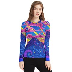 Psychedelic Colorful Lines Nature Mountain Trees Snowy Peak Moon Sun Rays Hill Road Artwork Stars Women s Long Sleeve Rash Guard by pakminggu