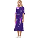 Purple Blue Geometric Pattern Bow Sleeve Chiffon Midi Dress View2