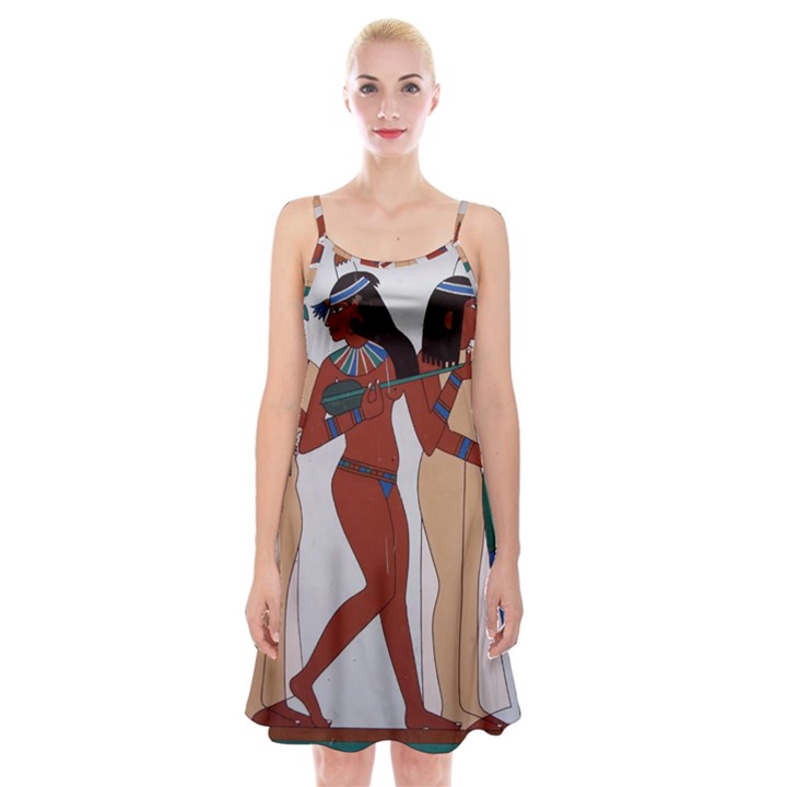 Egypt Fresco Mural Decoration Spaghetti Strap Velvet Dress