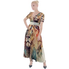 Lion Africa African Art Button Up Short Sleeve Maxi Dress by Mog4mog4