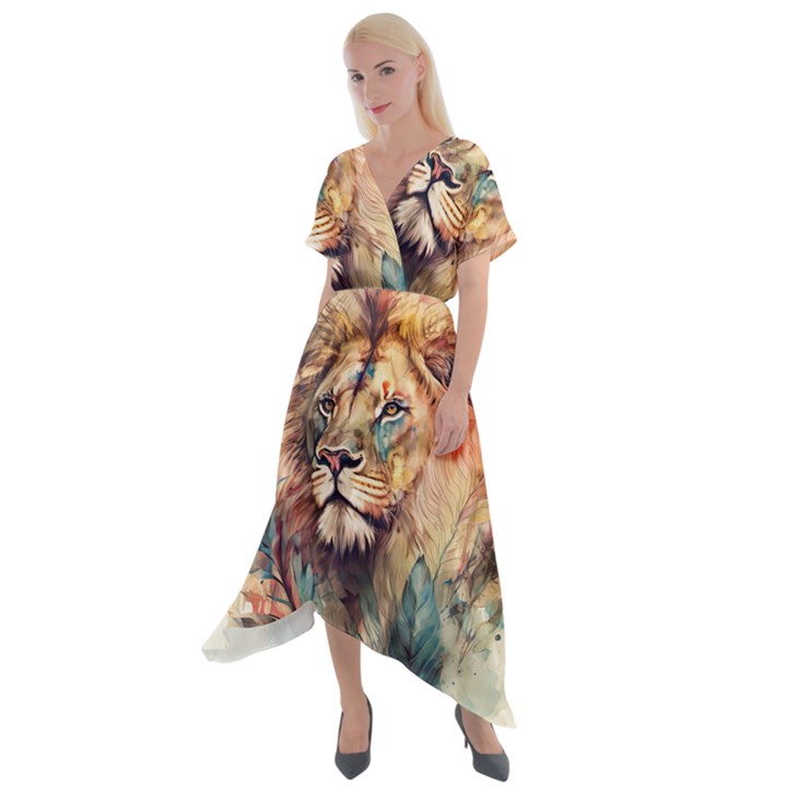 Lion Africa African Art Cross Front Sharkbite Hem Maxi Dress