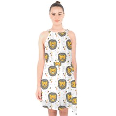 Lion Heads Pattern Design Doodle Halter Collar Waist Tie Chiffon Dress by Mog4mog4