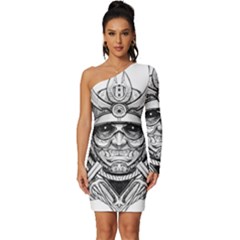 Drawing Samurai Tattoo Sketch Japanese Samurai Long Sleeve One Shoulder Mini Dress by Mog4mog4