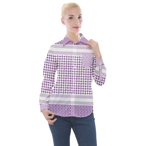 Square Purple Pattern Bead Purple Keffiyeh Purple Geometric Headdress Angle Violet Rectangle Women s Long Sleeve Pocket Shirt by Bakwanart