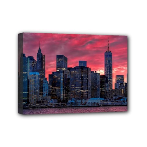 Skyline Sunset United States Reflection Usa,new York Manhattan Mini Canvas 7  X 5  (stretched)