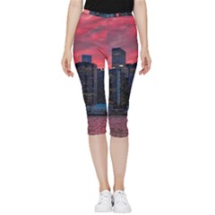 Skyline Sunset United States Reflection Usa,new York Manhattan Inside Out Lightweight Velour Capri Leggings  by Bakwanart