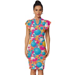 Circles Art Seamless Repeat Bright Colors Colorful Vintage Frill Sleeve V-neck Bodycon Dress by 99art